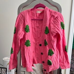 Vibrant Pink Cardigan with Green Tree Accents